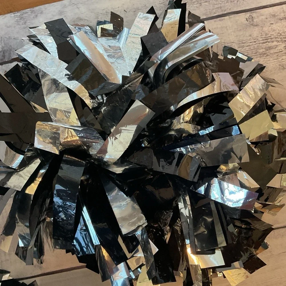 Cheerleading Pom Poms Black Silver Metallic Pair Baton Handle Cheer Dance #2
